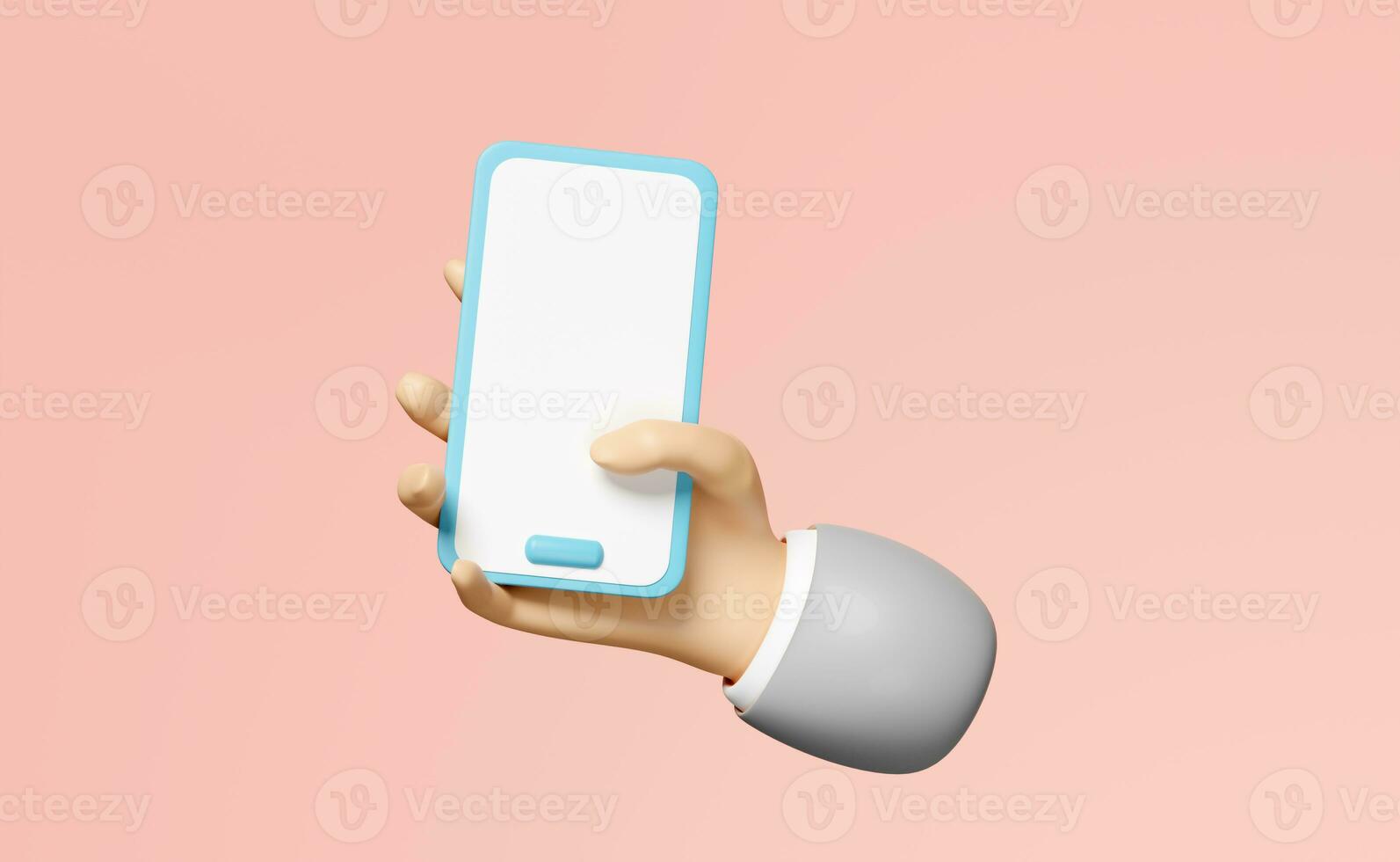 3D-Hand mit Smartphone isoliert auf rosa Hintergrund. hand mit handy, bildschirmtelefonvorlage, leeres bildschirmtelefonmodell, minimales konzept, 3d-renderillustration foto