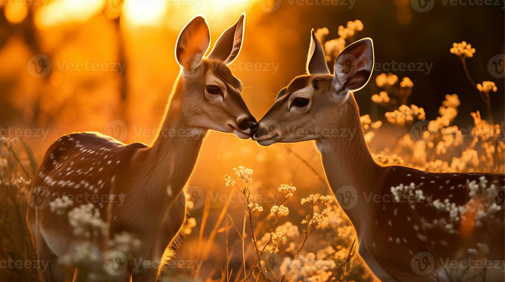 zwei Brache Hirsch mit Geweih im das Morgen Licht Tierwelt Szene von Natur ai generativ foto