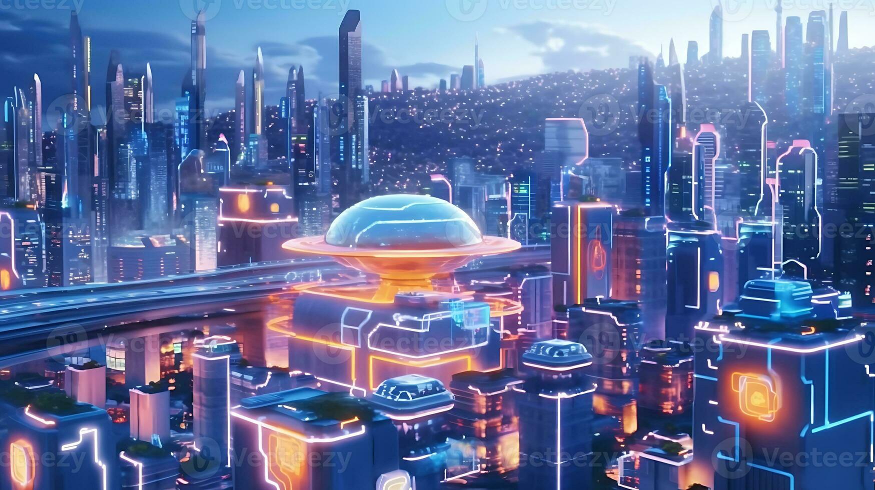 futuristisch Stadt beim Nacht mit Neon- Beleuchtung, 3d Rendern ai generativ foto
