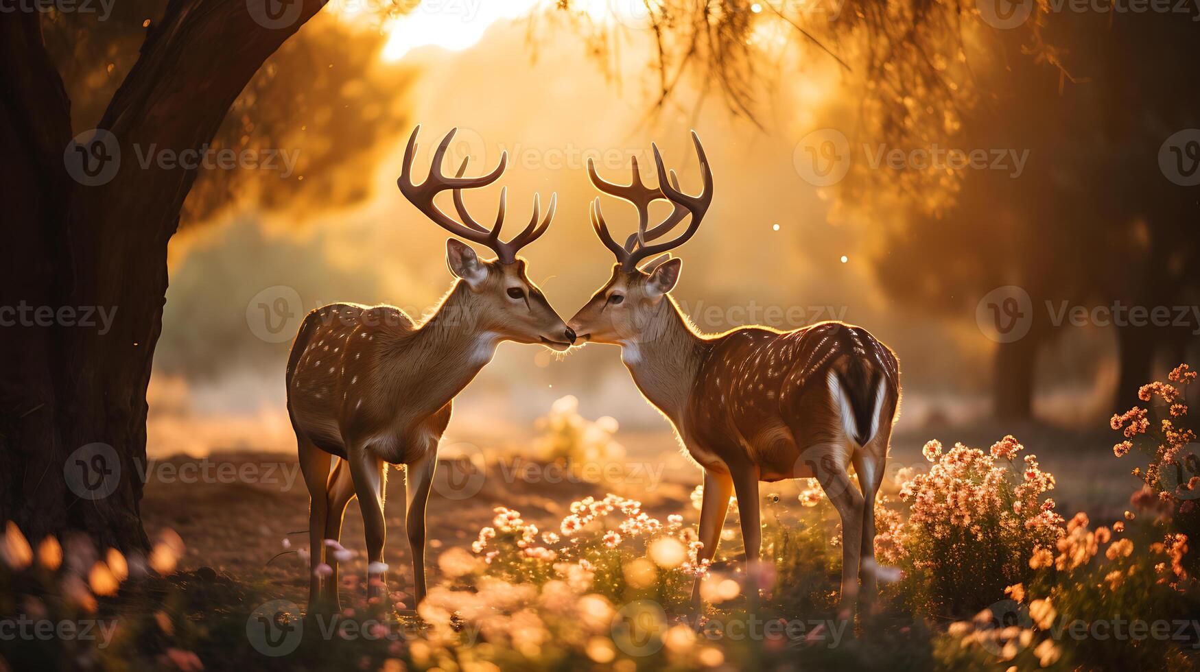 zwei Brache Hirsch mit Geweih im das Morgen Licht Tierwelt Szene von Natur ai generativ foto