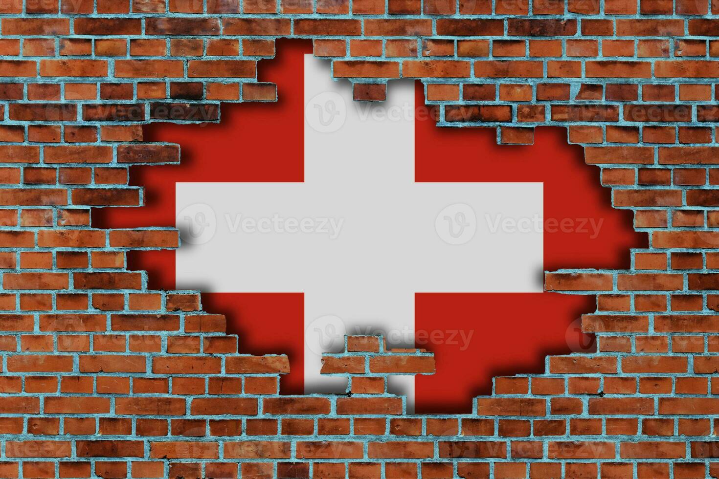 3d Flagge von Schweiz hinter das gebrochen alt Stein Mauer Hintergrund. foto