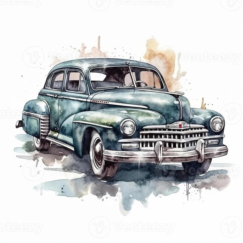 alt retro Wagen. Aquarell Illustration im skizzieren Stil. Auto, Transport, Jahrgang. zu erstellen Postkarten, Plakate zum Drucken, Drucke. ai generiert. foto