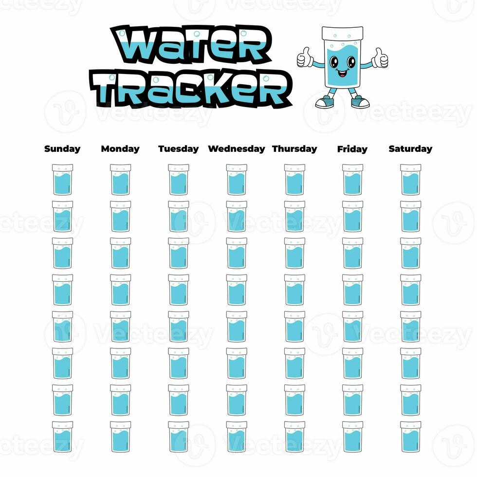 Täglich Wasser Tracker Balance Vektor Kalender. Gewohnheit Tracker Konzept und zum Wirksam Planung. Trinken genug Wasser, Flüssigkeitszufuhr Herausforderung. süß Charakter im retro groovig Stil. foto