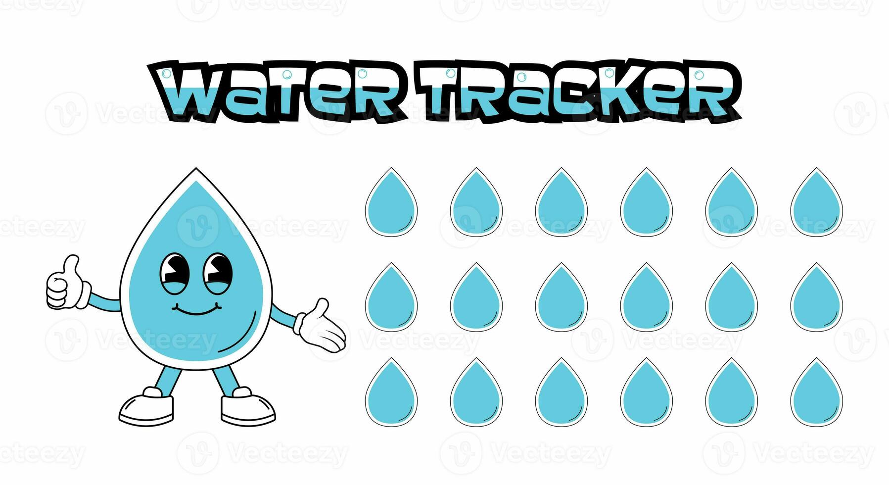 Täglich Wasser Tracker Balance Vektor Kalender. Gewohnheit Tracker Konzept und zum Wirksam Planung. Trinken genug Wasser, Flüssigkeitszufuhr Herausforderung. süß Charakter im retro groovig Stil. foto