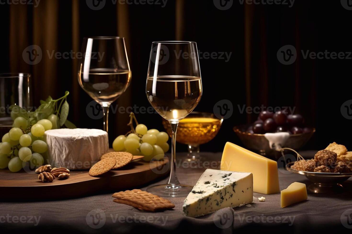 Wein, Käse und Trauben foto