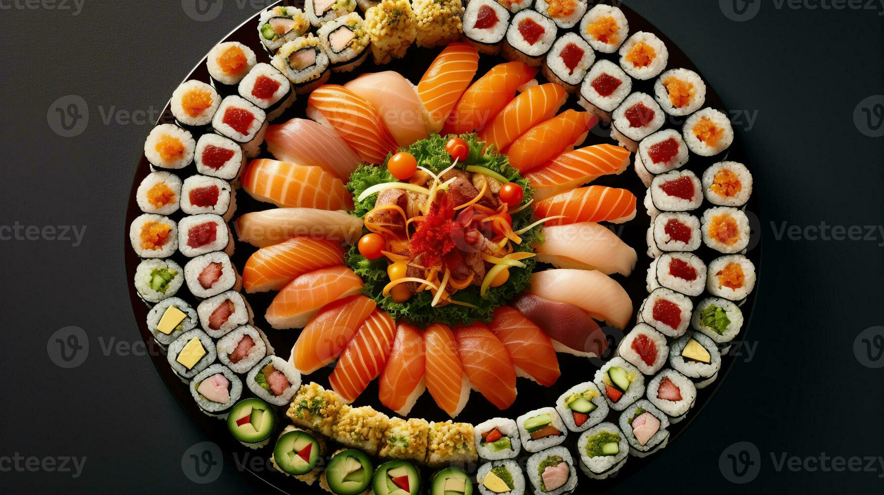 Sushi Speisekarte. rollen mit Lachs, Avocado, Gurke. japanisch Lebensmittel. erstellt mit generativ ai foto