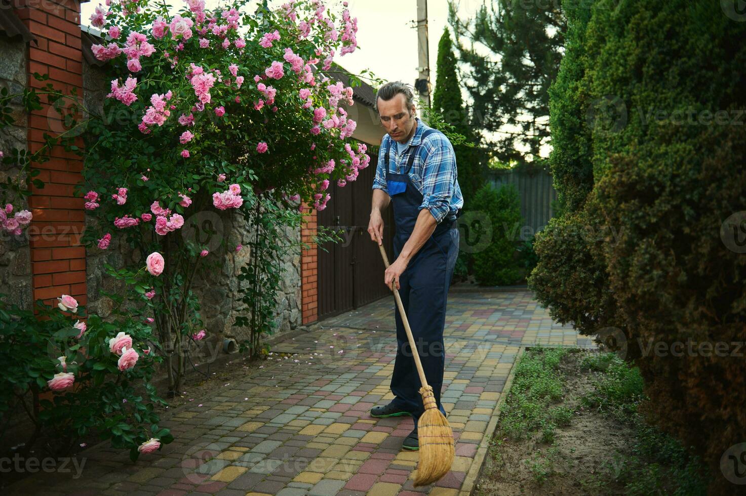 voll Länge Porträt von ein Gärtner Mann mit Besen, fegt Blätter und Blume Blütenblätter im das Hof von ein Privat Haus foto