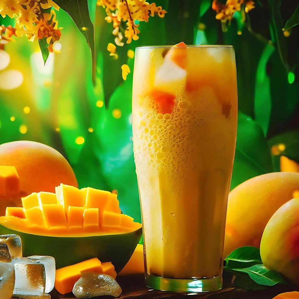 tropisch Mango Smoothie mit Eis Würfel, frisch Minze Blätter und Gartenarbeit Szene generiert durch ai kostenlos Foto