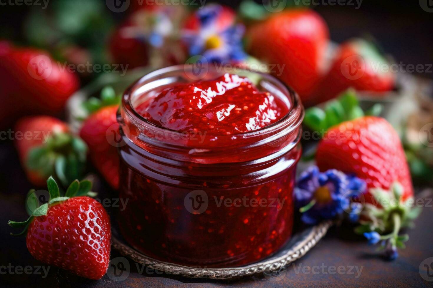 Krug von Erdbeere Marmelade und frisch Beeren. generativ ai foto
