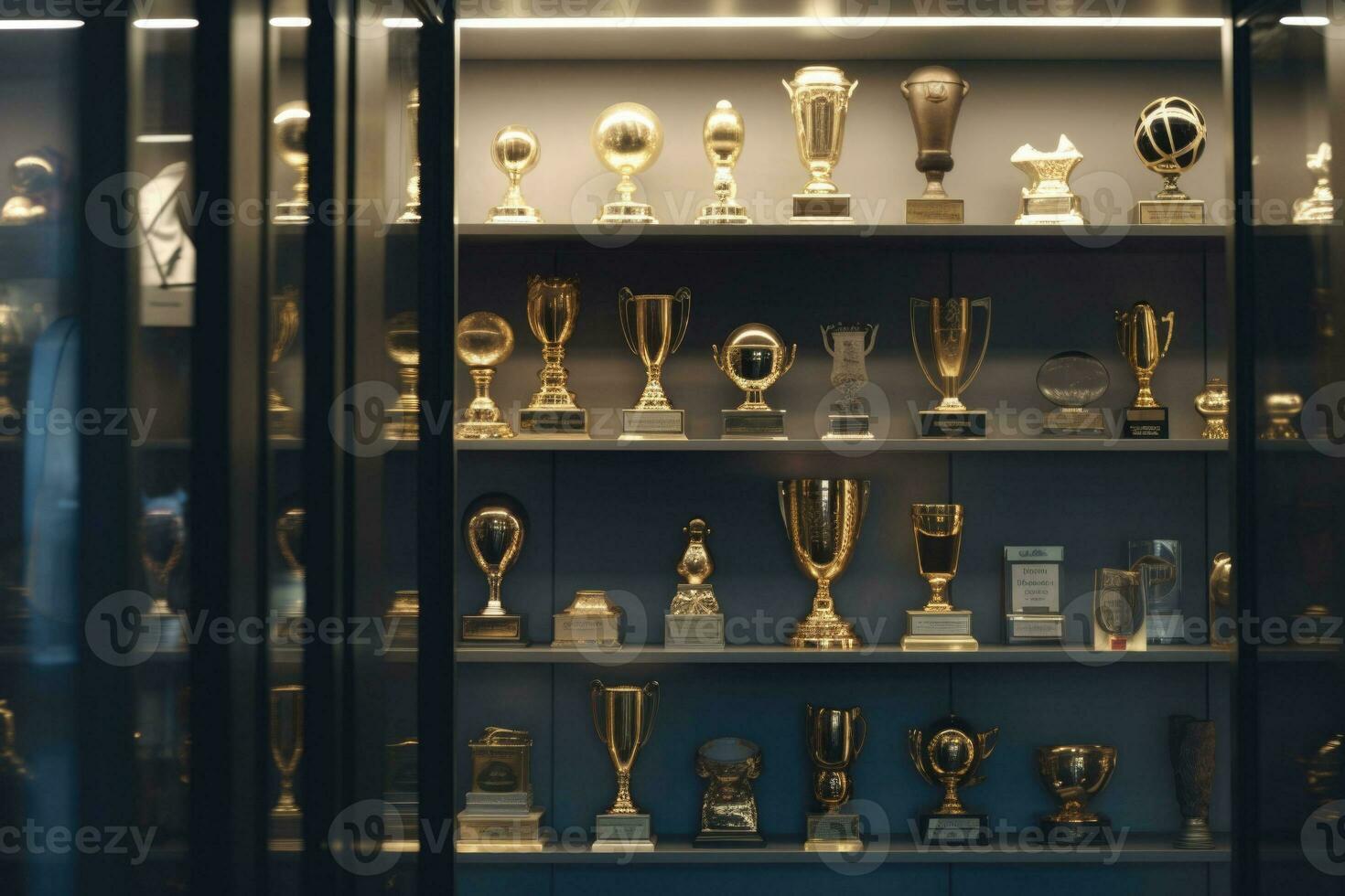 Trophäe Anzeige Fall Regal gemacht von Glas und Holz voll von Gold und Silber Trophäen. generativ ai foto