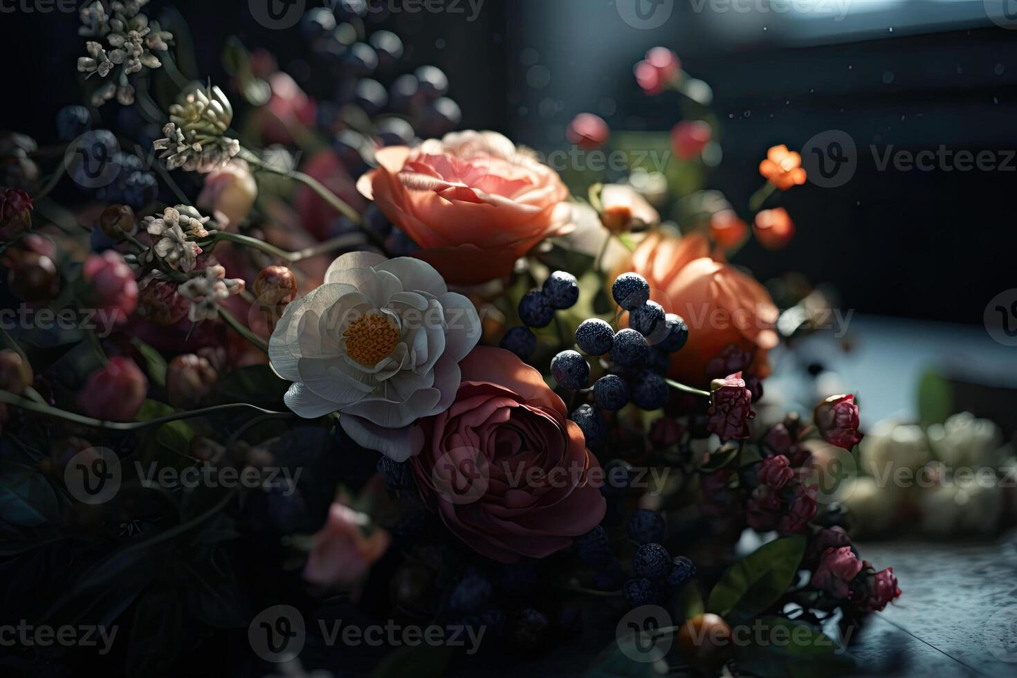 Reich Bündel von Pfingstrosen, Eustoma, Rosen Blumen, Grün Blatt. frisch Strauß Nahaufnahme. generativ ai foto