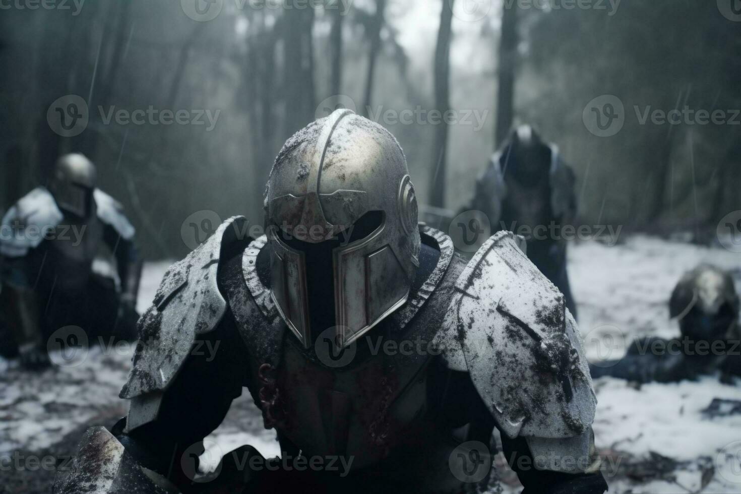 Krieger im das Metall Rüstung im das Schnee. Fantasie Ritter im Winter schneebedeckt Landschaft. generativ ai foto
