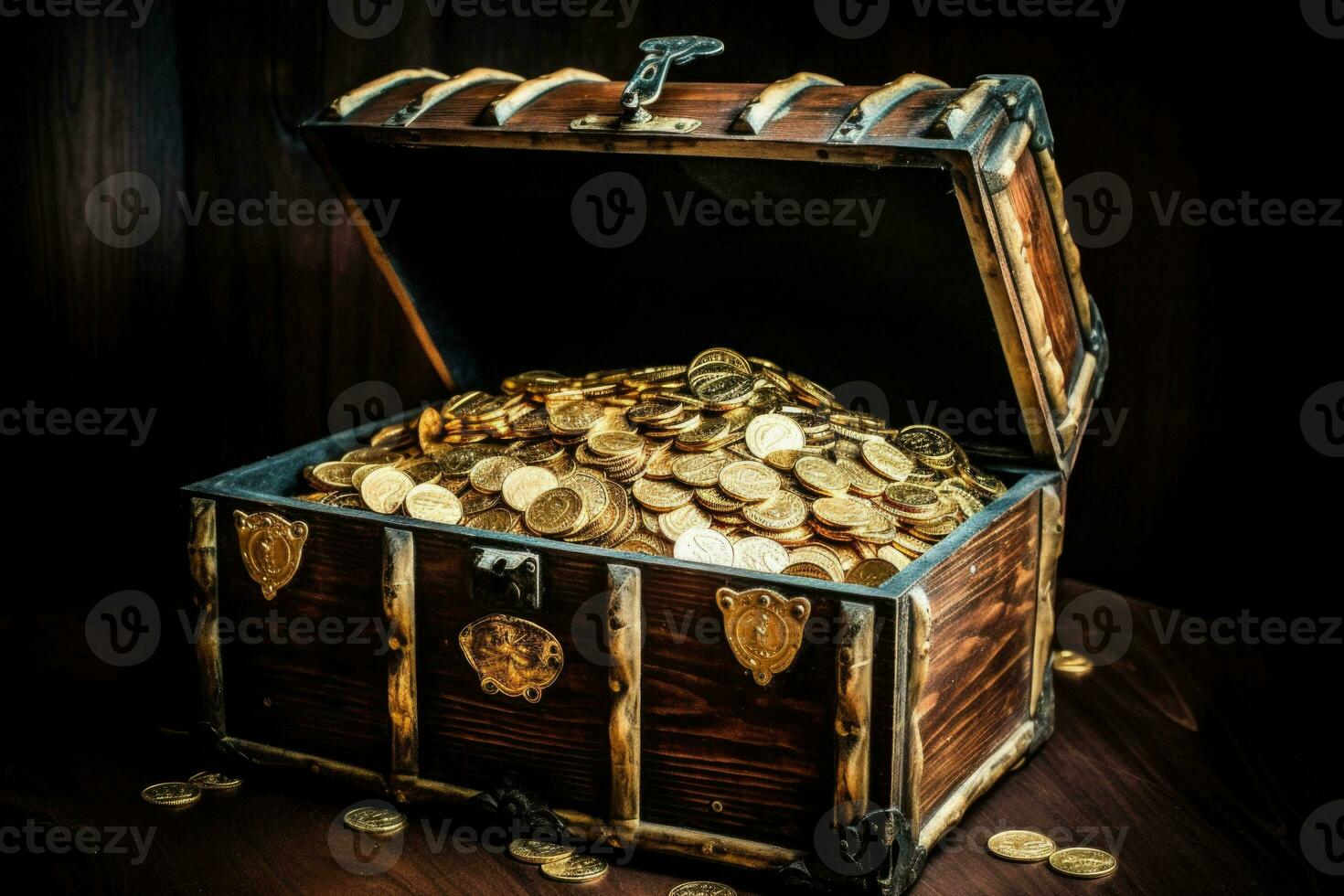 alt öffnen Pirat Schatz Truhe voll von golden Münzen. generativ ai foto