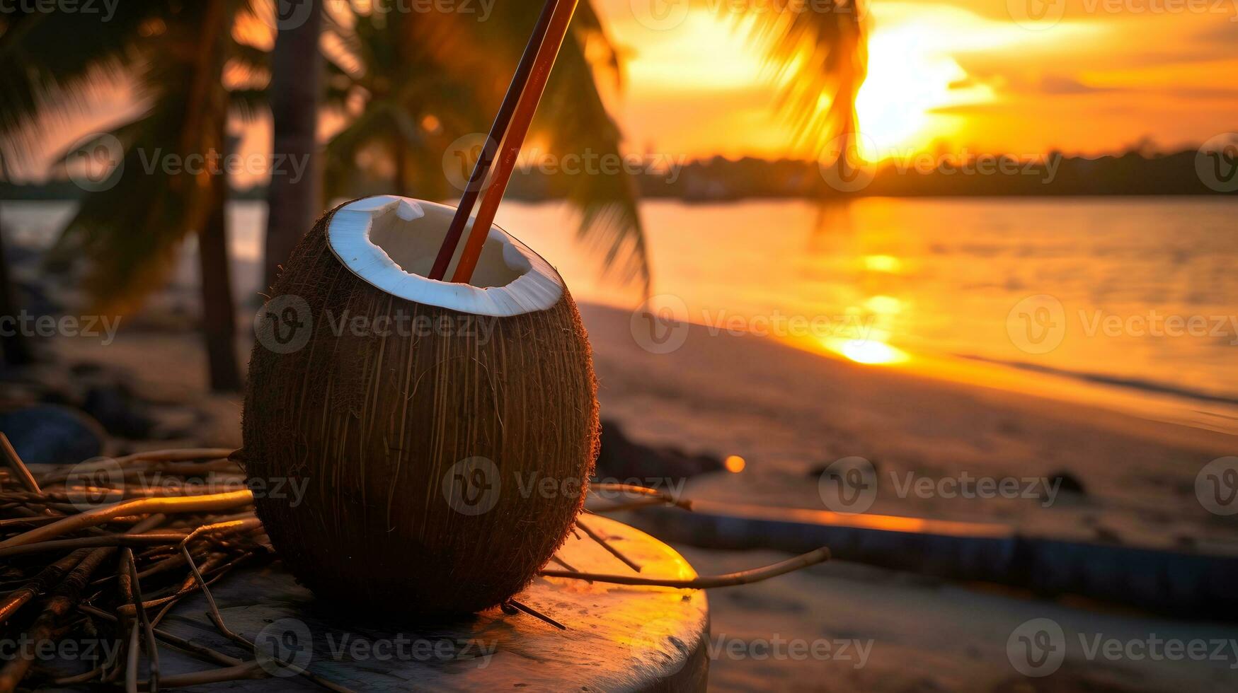 Kokosnuss trinken mit Stroh auf das Strand. foto