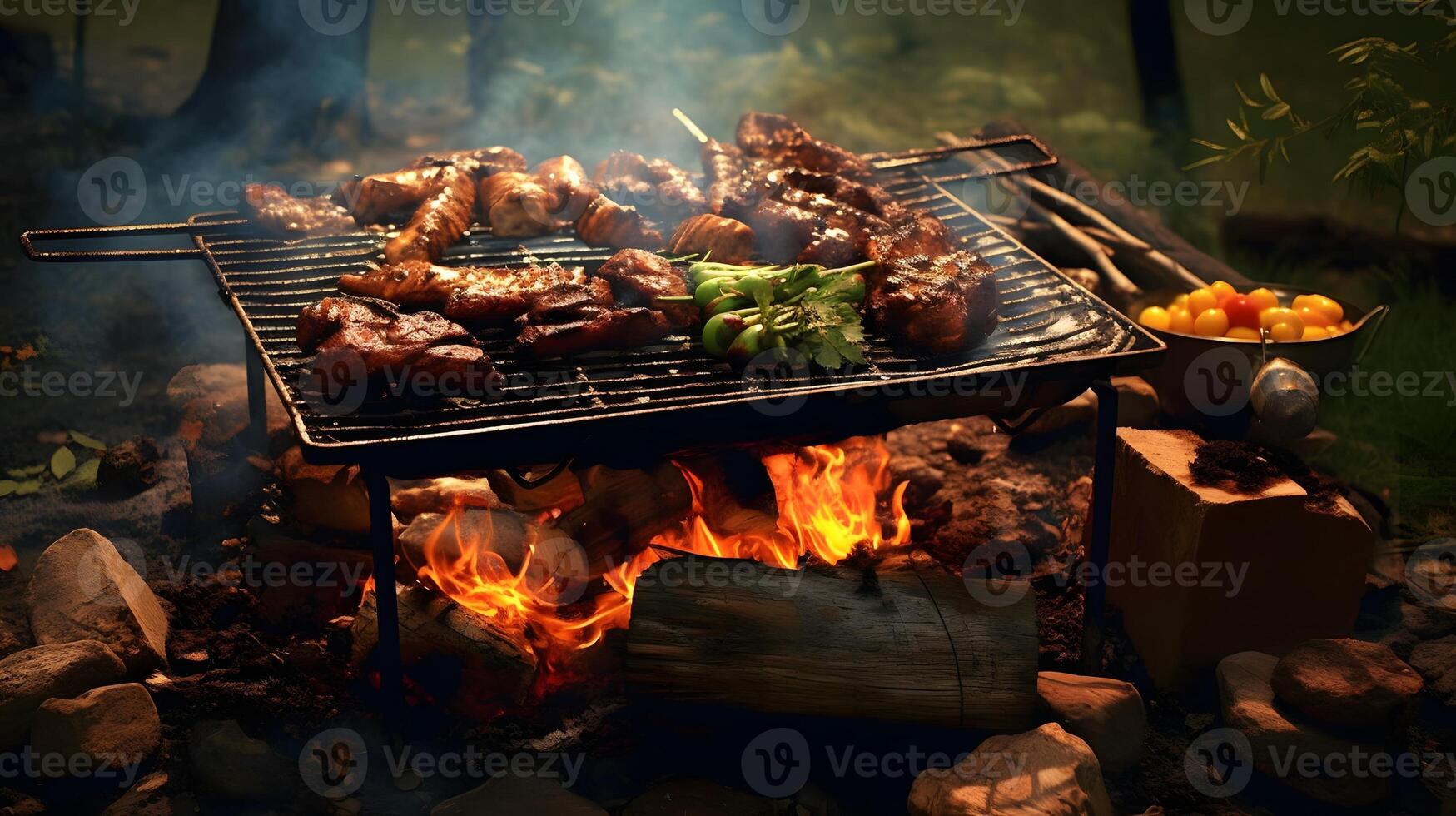 Rindfleisch Steaks und Gemüse auf das Grill mit Flammen. Grill. foto