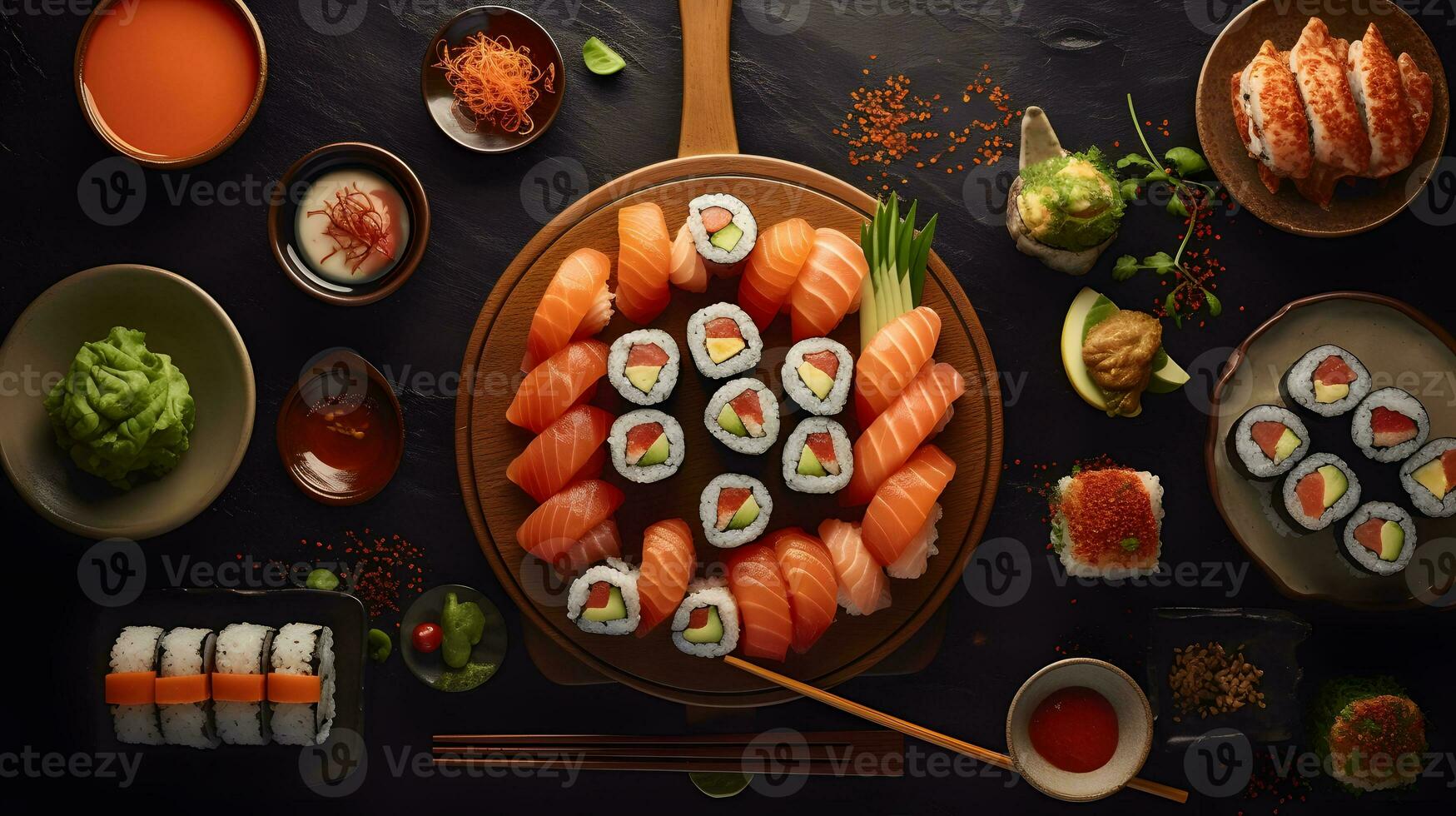 Overhead japanisch Sushi Lebensmittel. foto