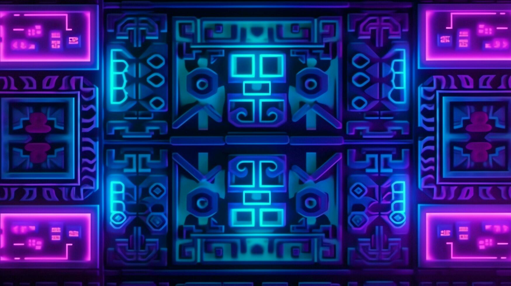 abstrakt Neon- Licht glühend Linien, aztekisch Maya Stil Muster Design Illustration . ai generiert foto