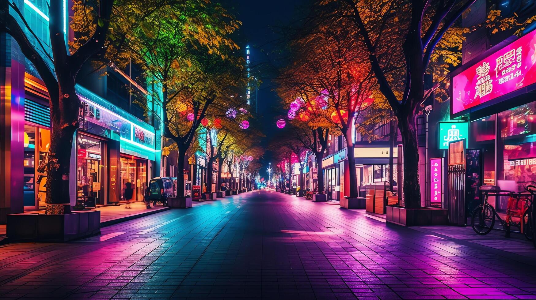 Cyber Punk Nacht Stadt Landschaft Konzept. Licht glühend auf dunkel Szene. Nacht Leben darüber hinaus Generation und futuristisch von Sci-Fi Hauptstadt Stadt und Gebäude Szene. ai generiert foto