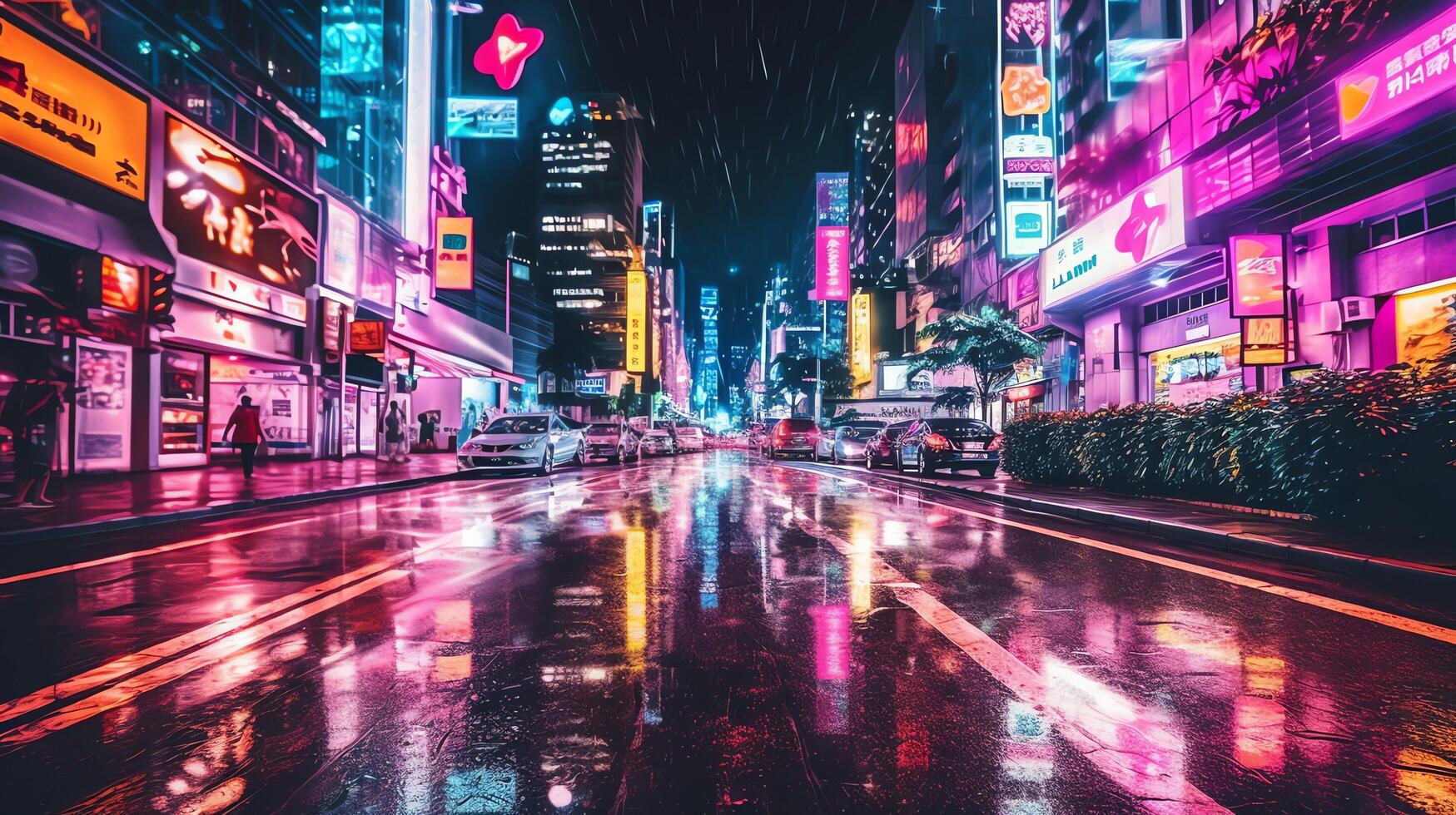 Nacht Szene von nach Regen Stadt im Cyberpunk Stil, futuristisch nostalgisch 80er, 90er. Neon- Beleuchtung beschwingt Farben, fotorealistisch horizontal Illustration. ai generiert foto