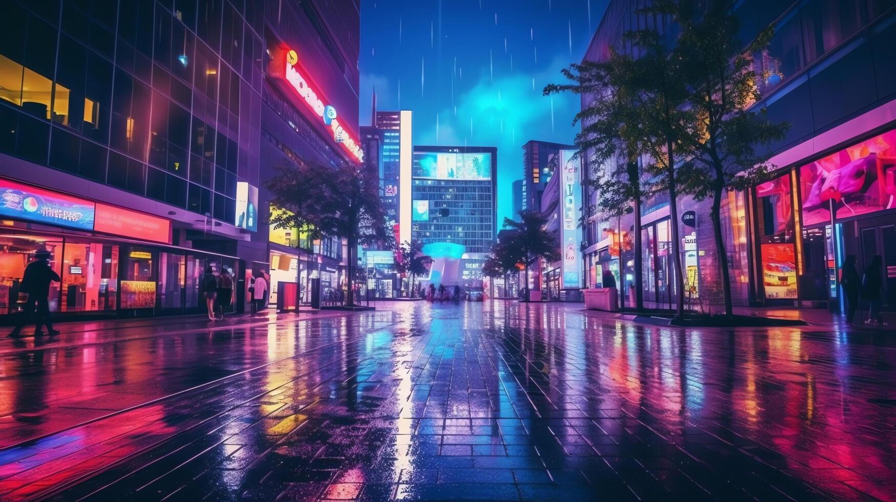 Nacht Szene von nach Regen Stadt im Cyberpunk Stil, futuristisch nostalgisch 80er, 90er. Neon- Beleuchtung beschwingt Farben, fotorealistisch horizontal Illustration. ai generiert foto