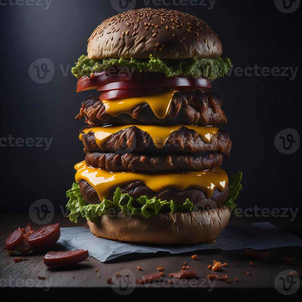 ein lecker Gourmet Burger mit alle das Befestigungen ai generiert foto