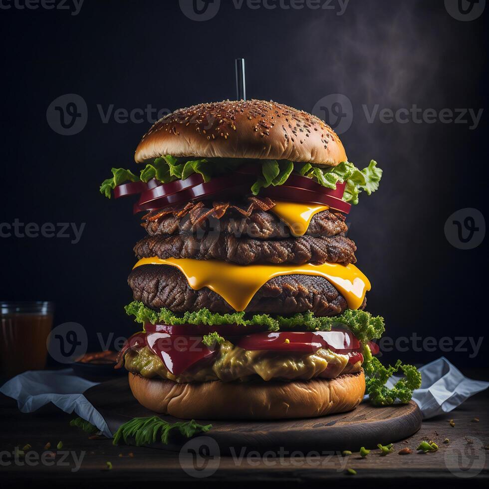 ein lecker Gourmet Burger mit alle das Befestigungen ai generiert foto