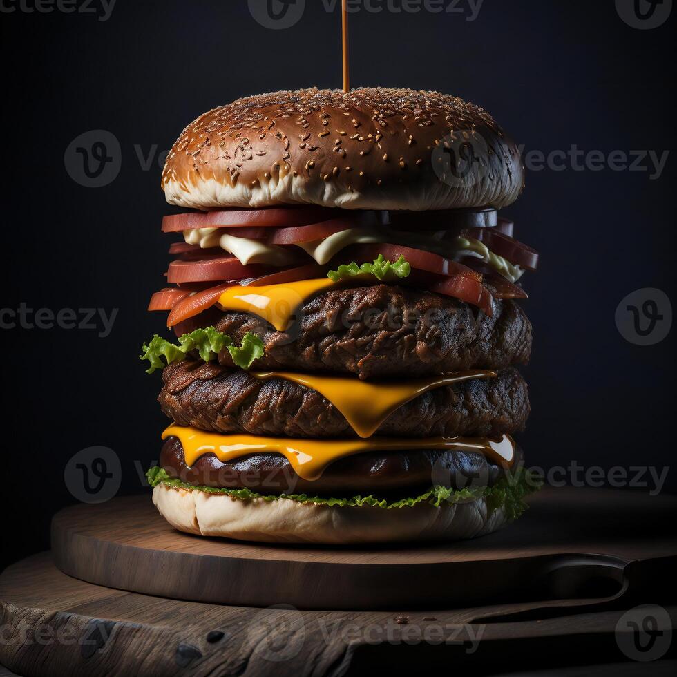 ein lecker Gourmet Burger mit alle das Befestigungen ai generiert foto