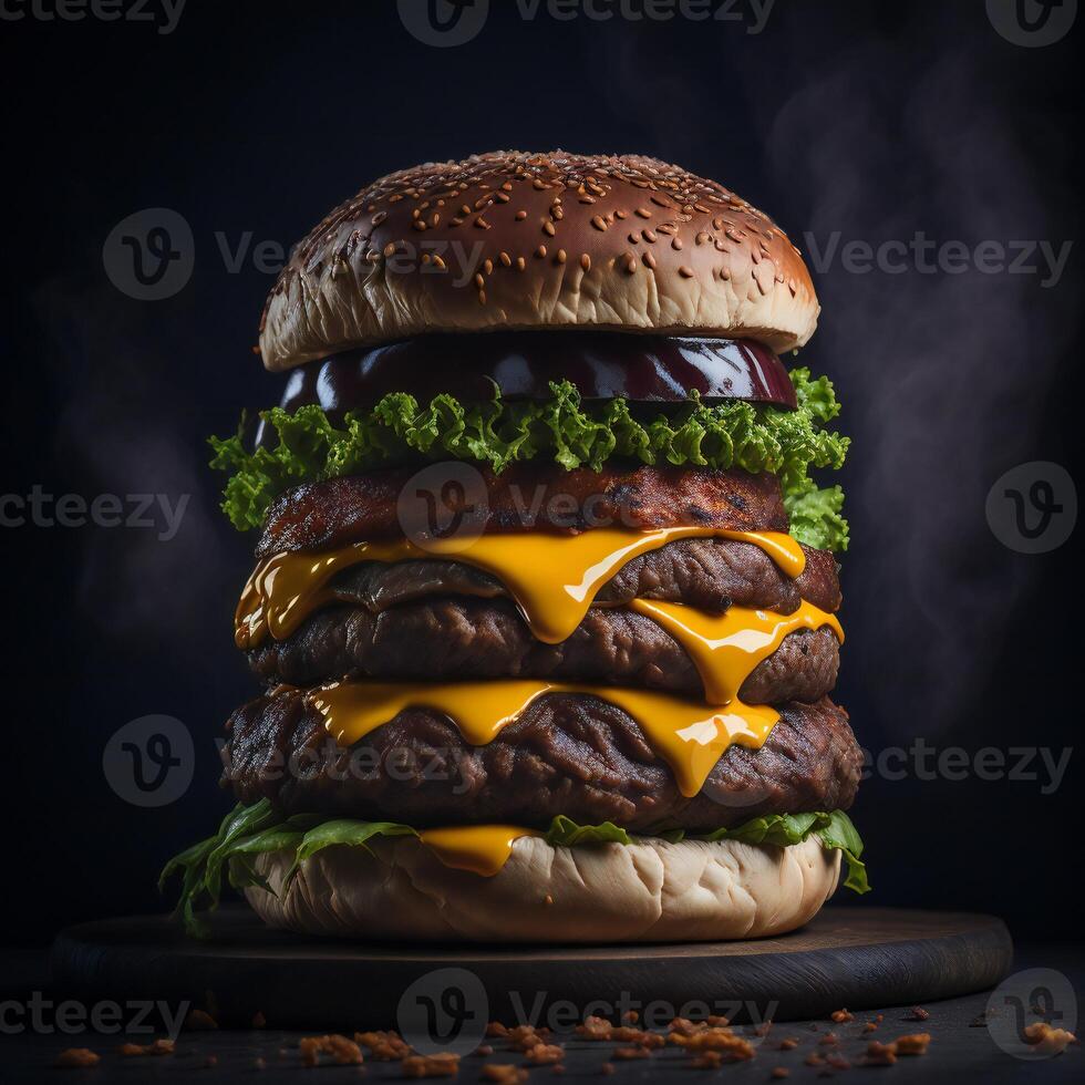 ein lecker Gourmet Burger mit alle das Befestigungen ai generiert foto