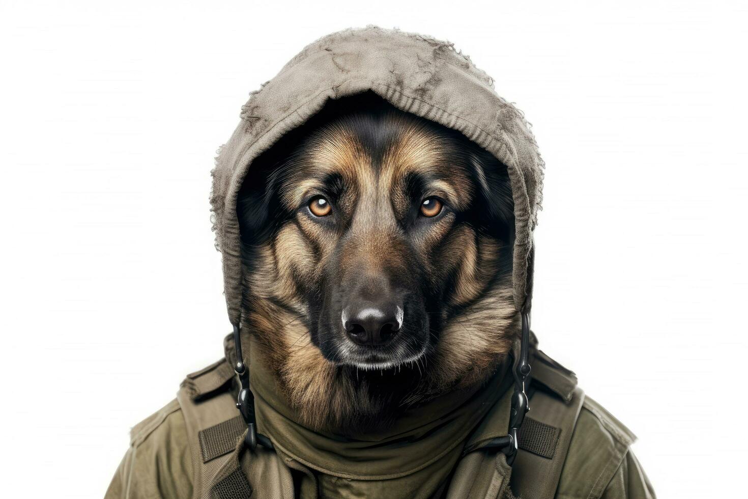 süß Hund Deutsche Schäfer mit Soldat Kostüm zum Militär- Heer isoliert auf Weiß Hintergrund, komisch Moment, Haustier Konzept, mit generativ ai. foto