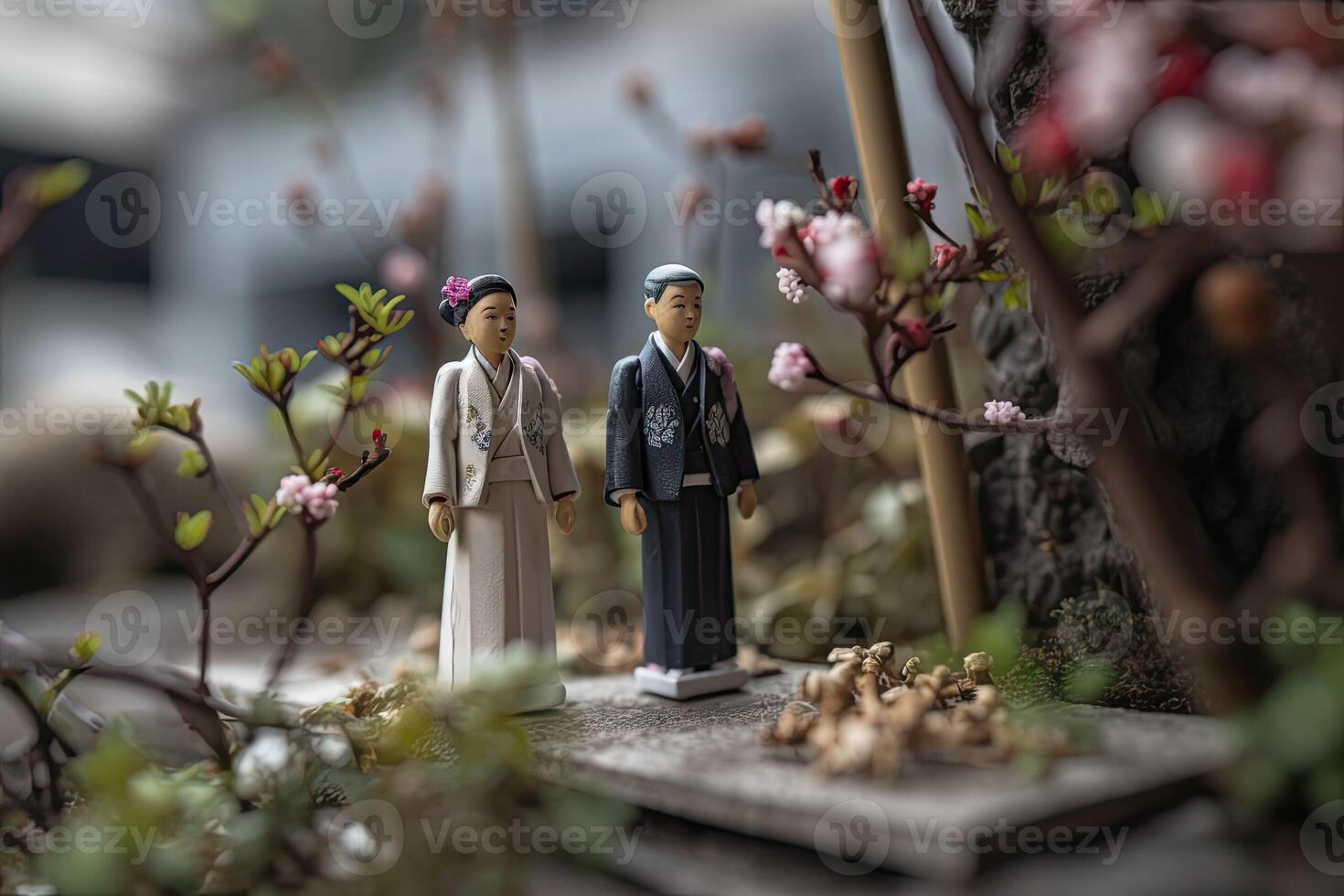 Miniatur japanisch Jahrgang Hochzeit, natürlich Diorama. japanisch Ehefrau und Mann im traditionell Outfits. Konzept von klassisch Romantik, Liebe und Beziehungen erstellt mit generativ ai Technologie foto