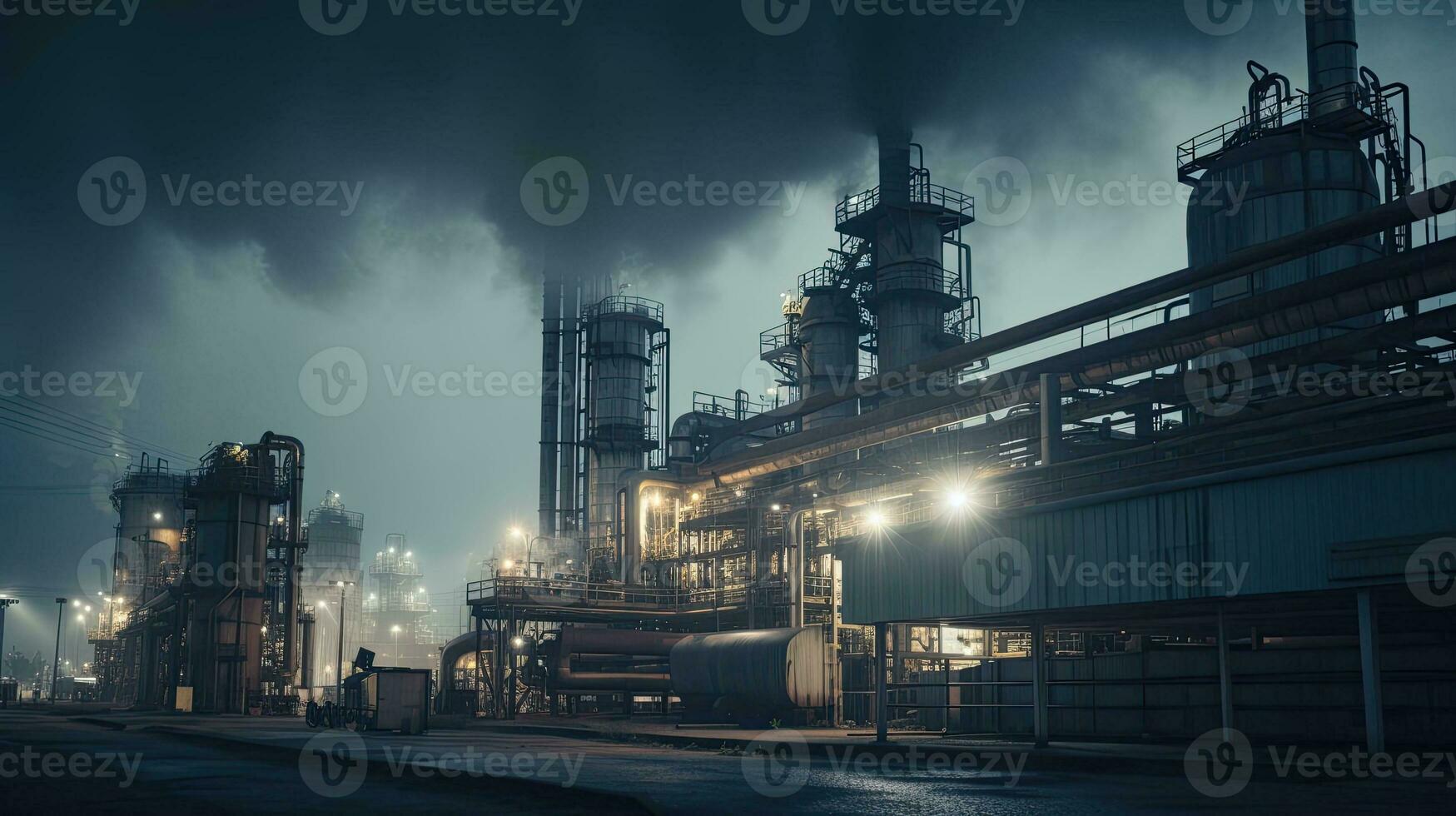 industriell Pflanze mit Rauchen Rohre. Nacht Aussicht von Fabrik. nebelig Gebäude mit Pipeline erstellt mit generativ ai Technologie foto