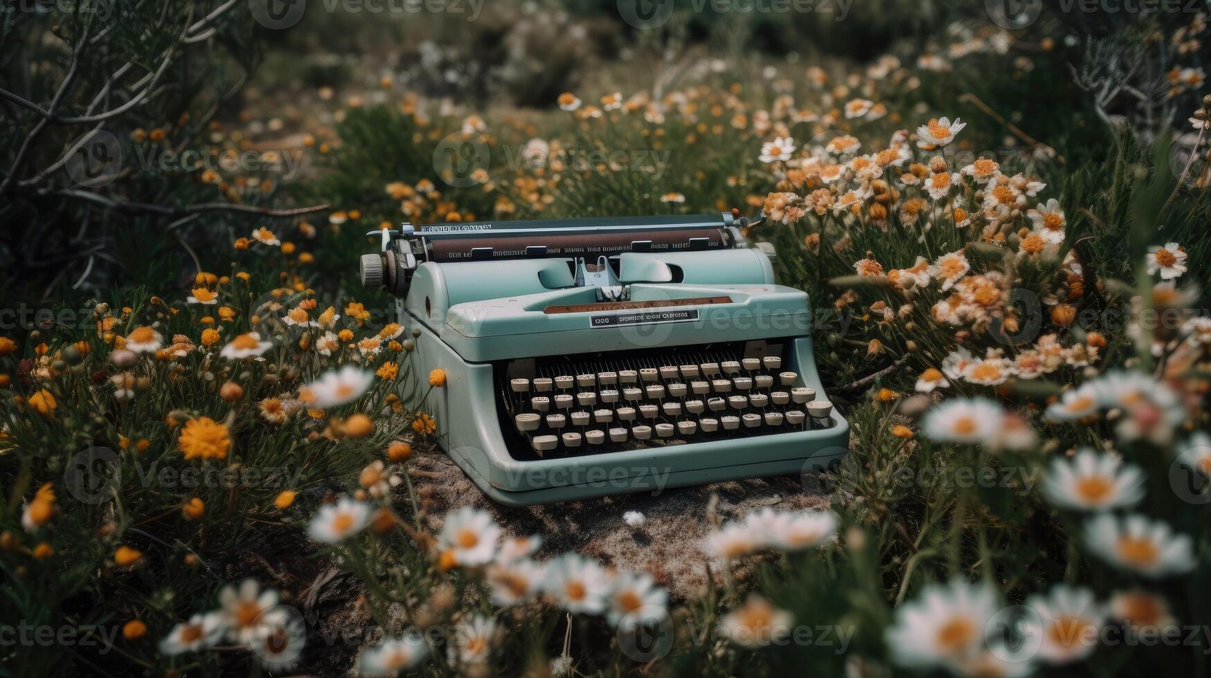 Schreibmaschine und Blumen. Konzept von Kreativität, Schreiben. retro Jahrgang Instrument von Dichter und Schriftsteller erstellt mit generativ ai Technologie foto