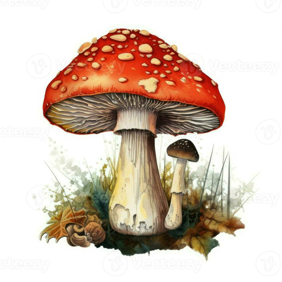 Aquarell fliegen Agaric. Wald Herbst Pilz mit ein rot Deckel. Kunst Illustration erstellt mit generativ ai Technologie foto