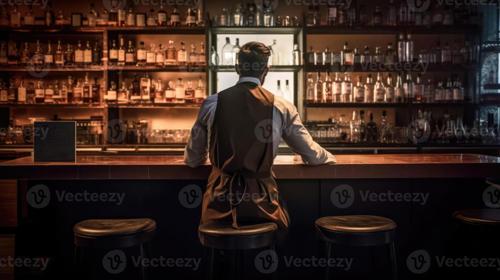 Rückseite Aussicht von jung Barmann Stehen beim Bar Schalter. generativ ai foto