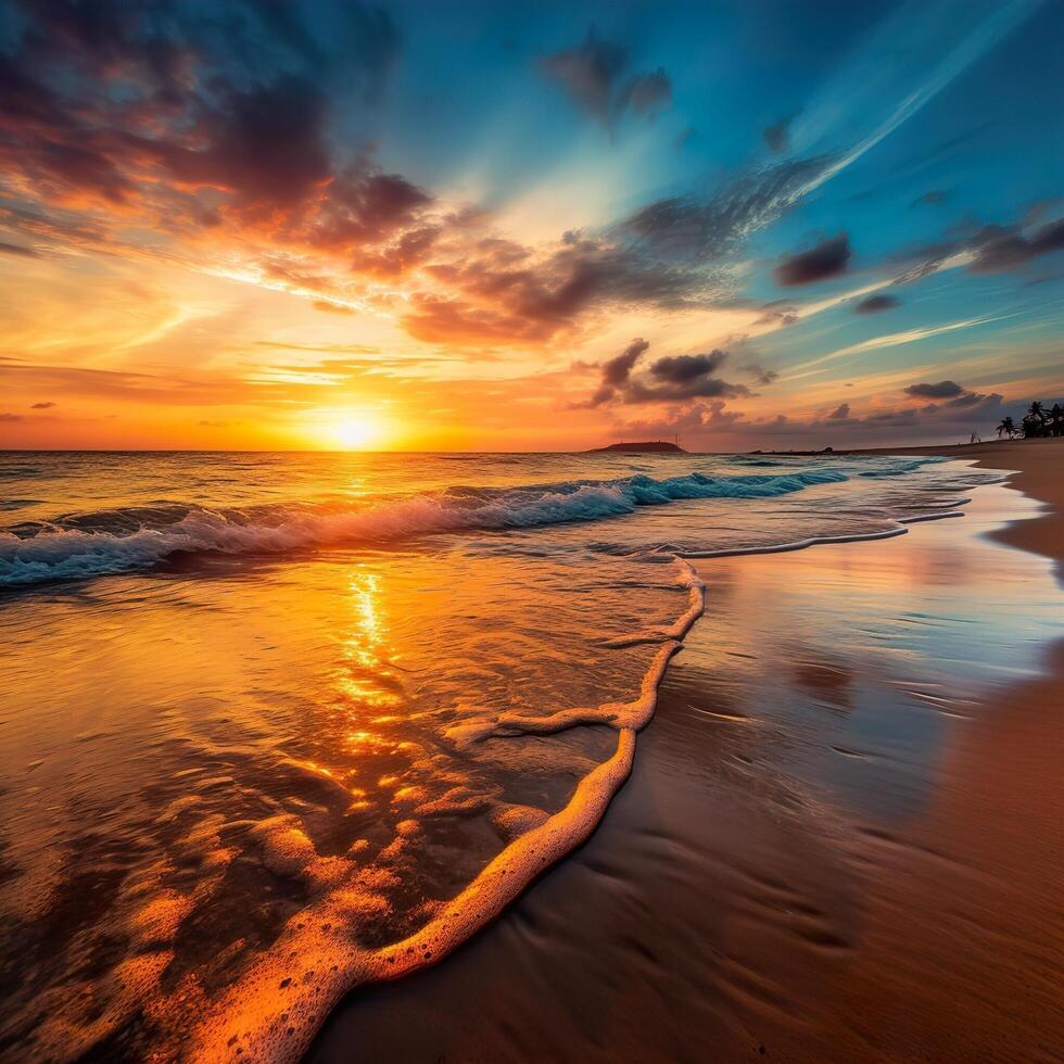 ästhetisch Sonnenuntergang Aussicht im tropisch Strand Sand Meer Wasser fließend ai generiert foto