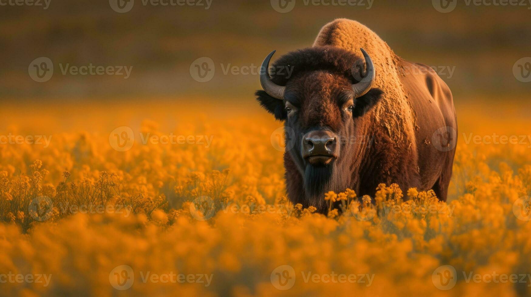 ein stolz amerikanisch Bison, es ist Pelz fließend mit das Brise, steht inmitten ein atemberaubend Feld von Wildblumen foto