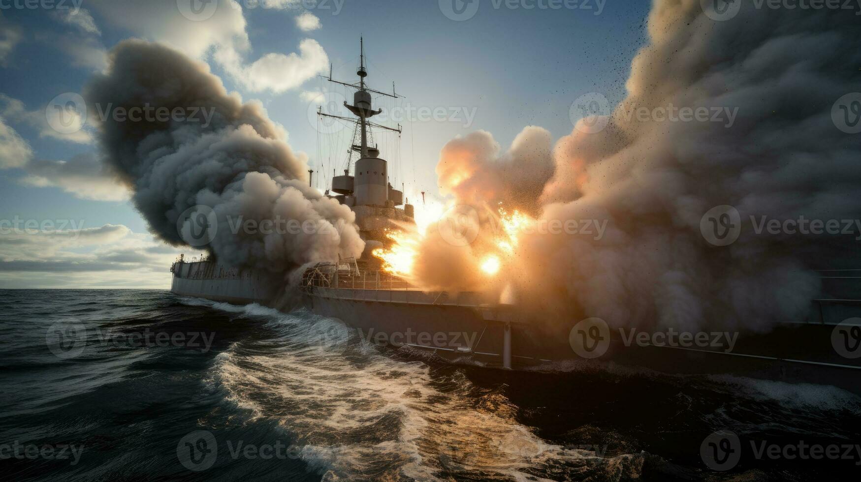 ein Schlachtschiff Brennen es ist Main Waffen im ein heftig Marine- foto