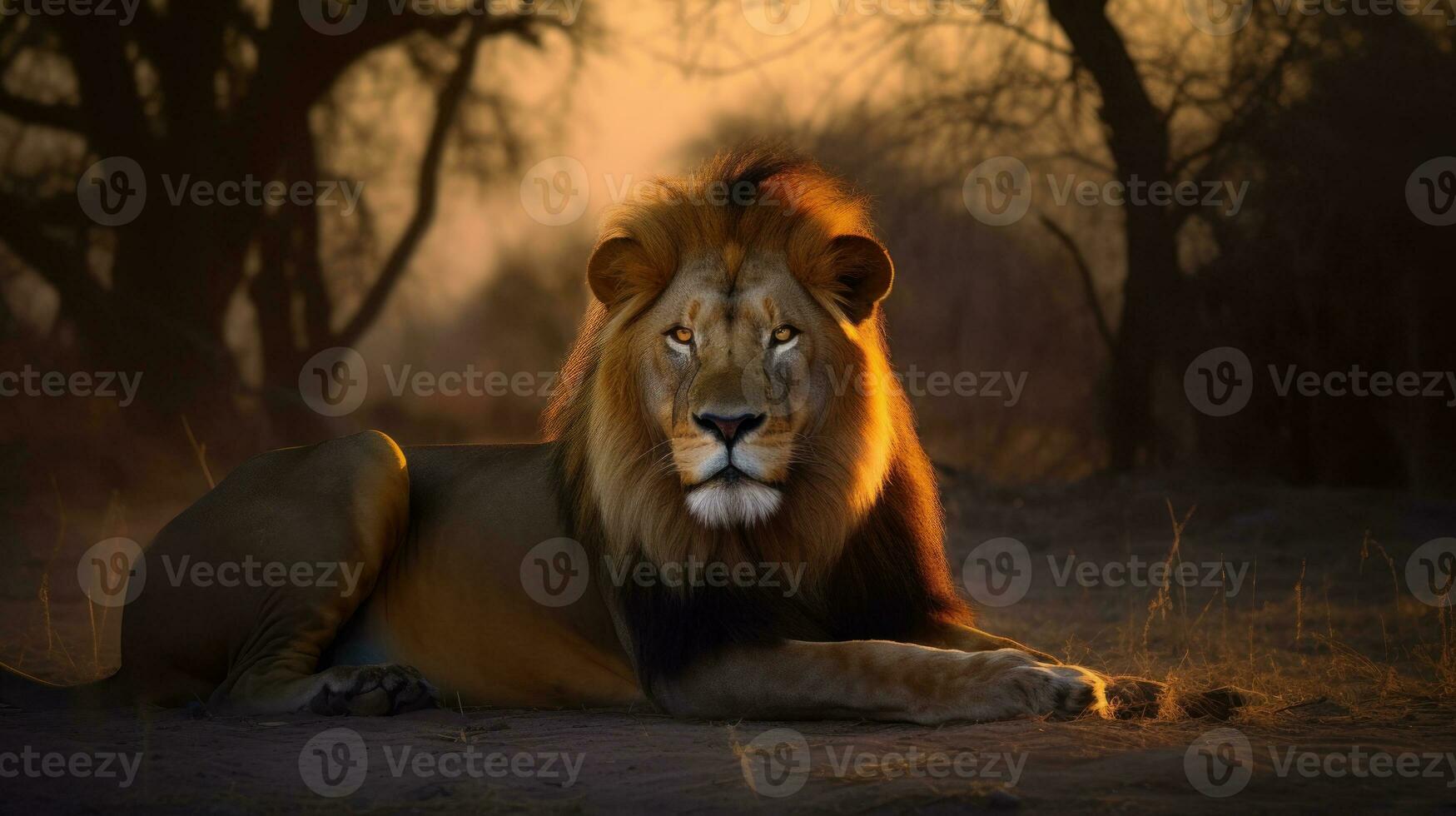 ein majestätisch Löwe, es ist golden Mähne beleuchtet durch das feurig afrikanisch Sonnenuntergang foto