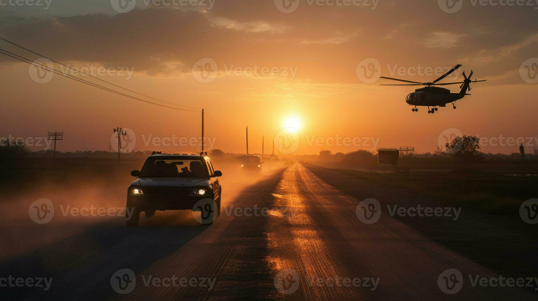 Militär- und Hubschrauber Truppen auf das Weg zu das Schlachtfeld beim Sonnenuntergang foto