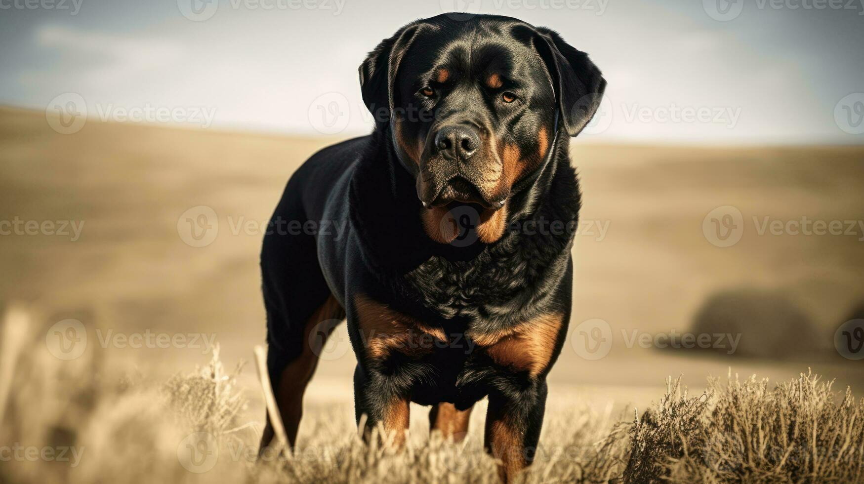 Rottweiler, es ist muskulös bilden brillant kontrastiert gegen ein öffnen Feld. es ist Augen, reflektieren das warm Sonne, ausdrücken ein angeboren Intelligenz und Loyalität foto