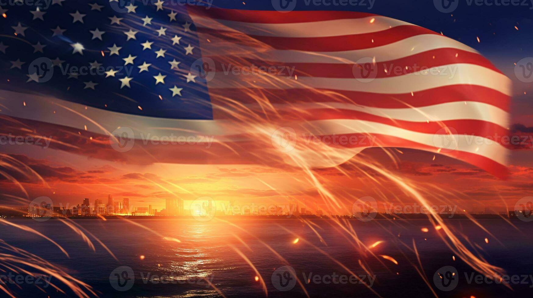 amerikanisch Flagge auf das Hintergrund von Sterne amerikanisch Feier - - USA Flagge und Feuerwerk beim Sonnenuntergang, KI-generiert foto