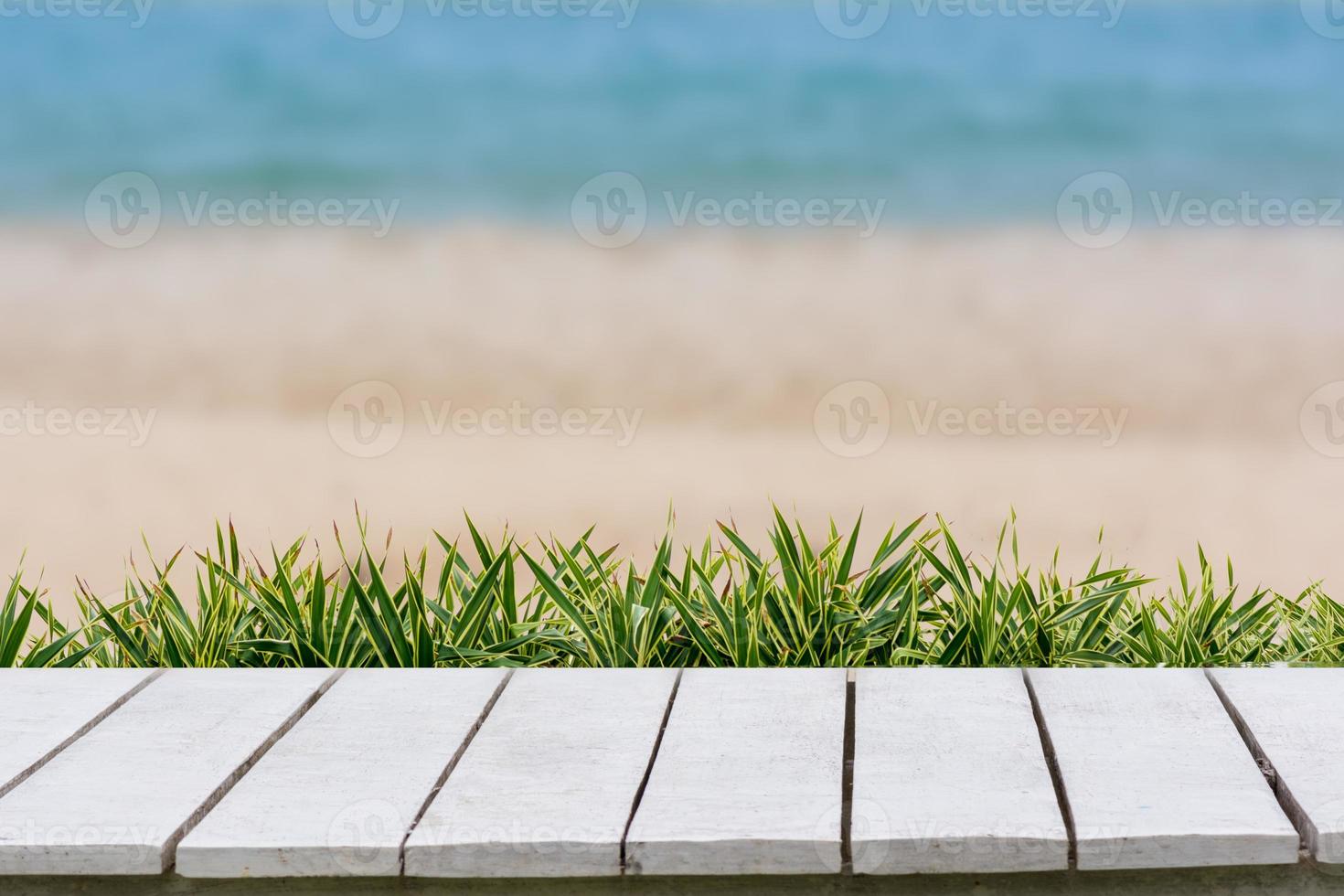 Meer Hintergrund und Gras auf einem weißen Holzboden. foto