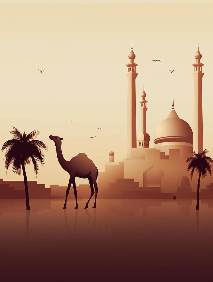 eid al adha Mubarak Gruß mit Kamel und Moschee, eid Mubarak ai generativ foto