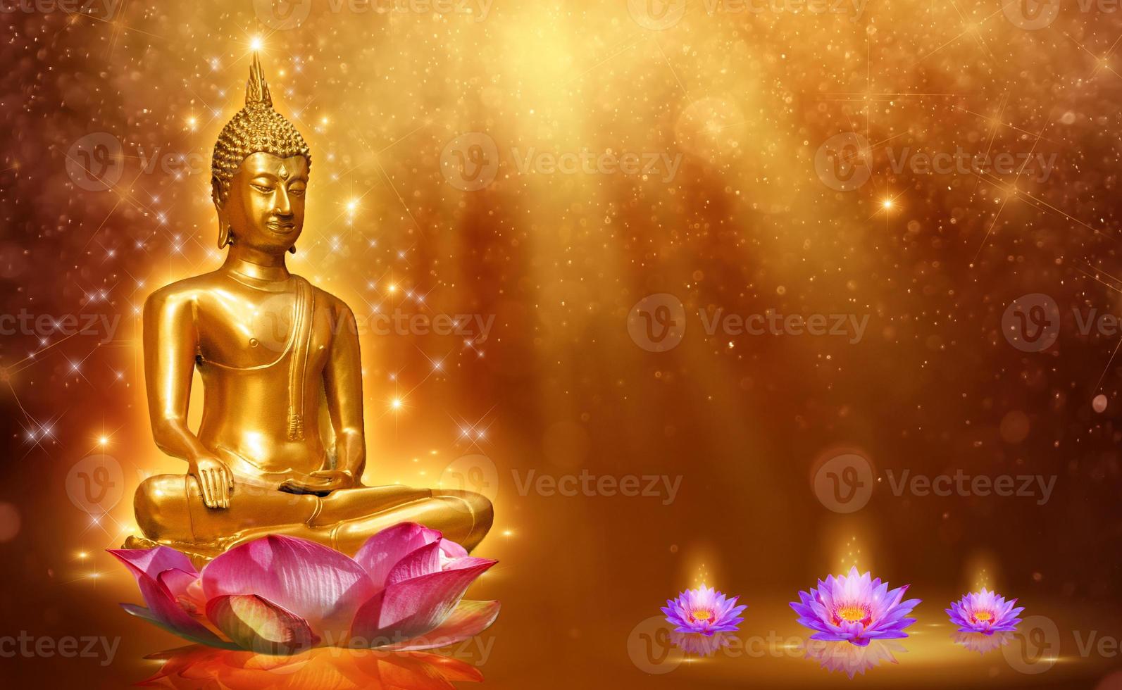 Buddha-Statue Wasser Lotus Buddha steht auf Lotusblume auf orangem Hintergrund foto