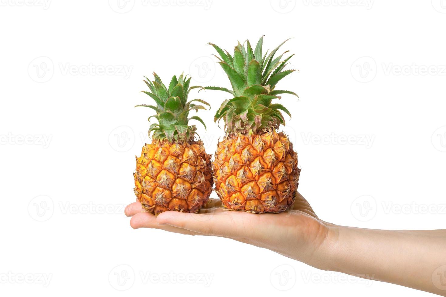 Baby-Ananas in der menschlichen männlichen Hand, isoliert auf weißem Hintergrund. foto