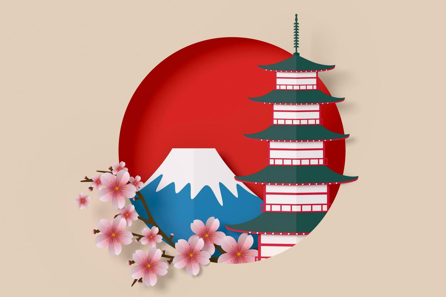 Japan Tempel mit Fuji Berg Papier Stil, 3d Rendern foto