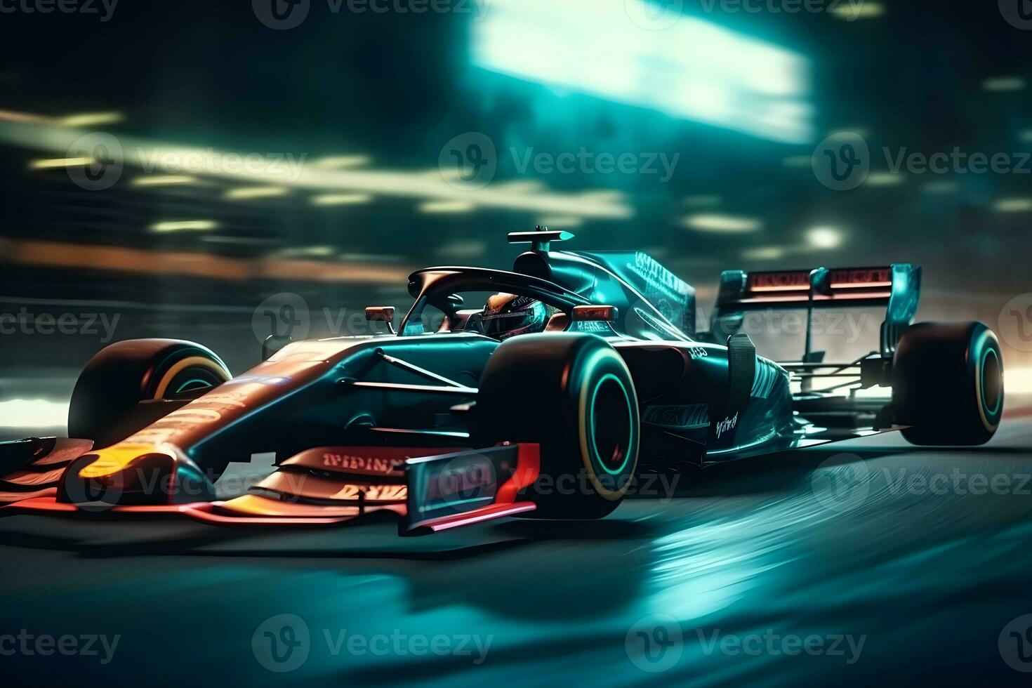 Foto Schwenken Formel einer Autos Überholen jeder andere auf das Asphalt Spur mit Neon- ,generativ ai