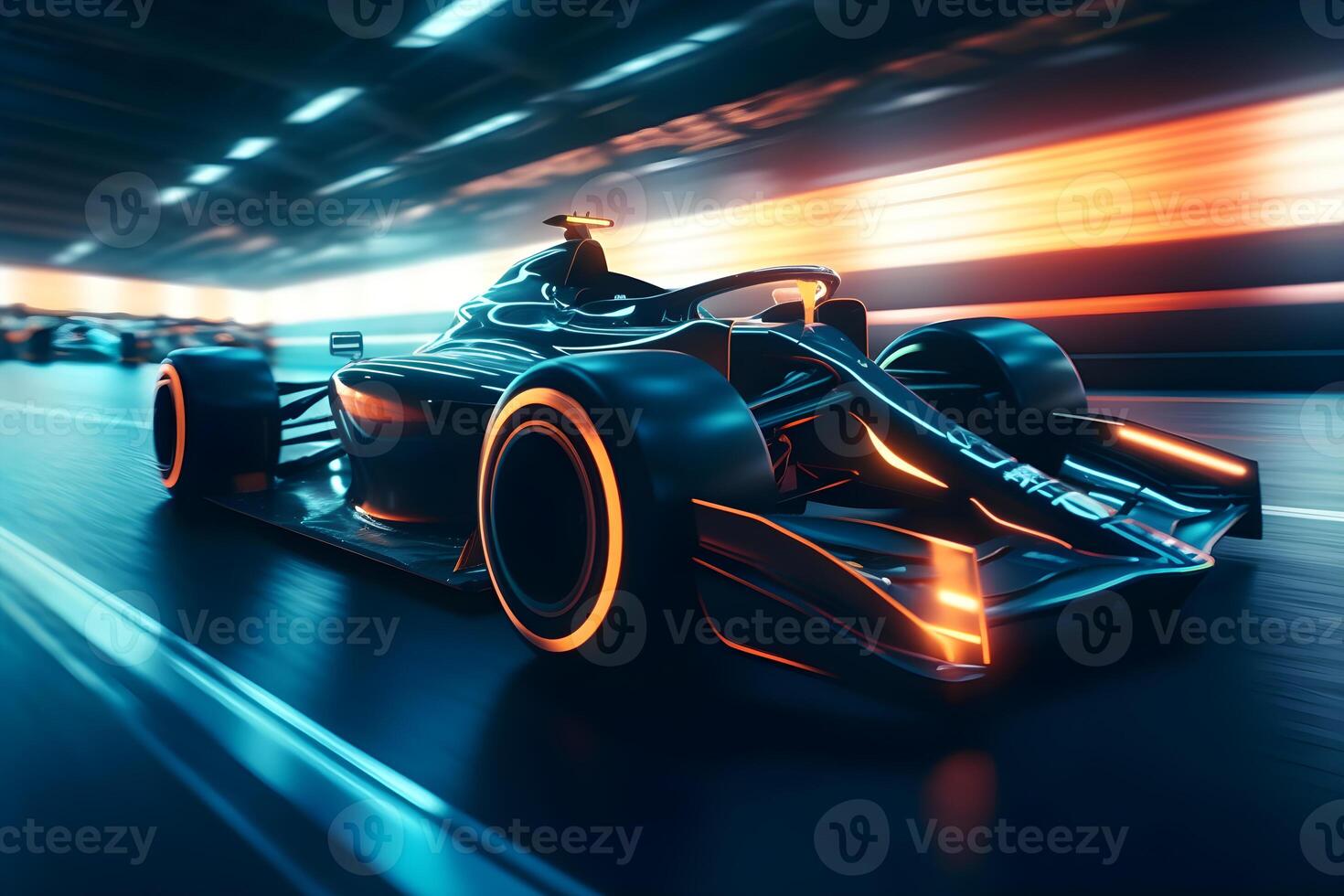 Foto Schwenken Formel einer Autos Überholen jeder andere auf das Asphalt Spur mit Neon- ,generativ ai