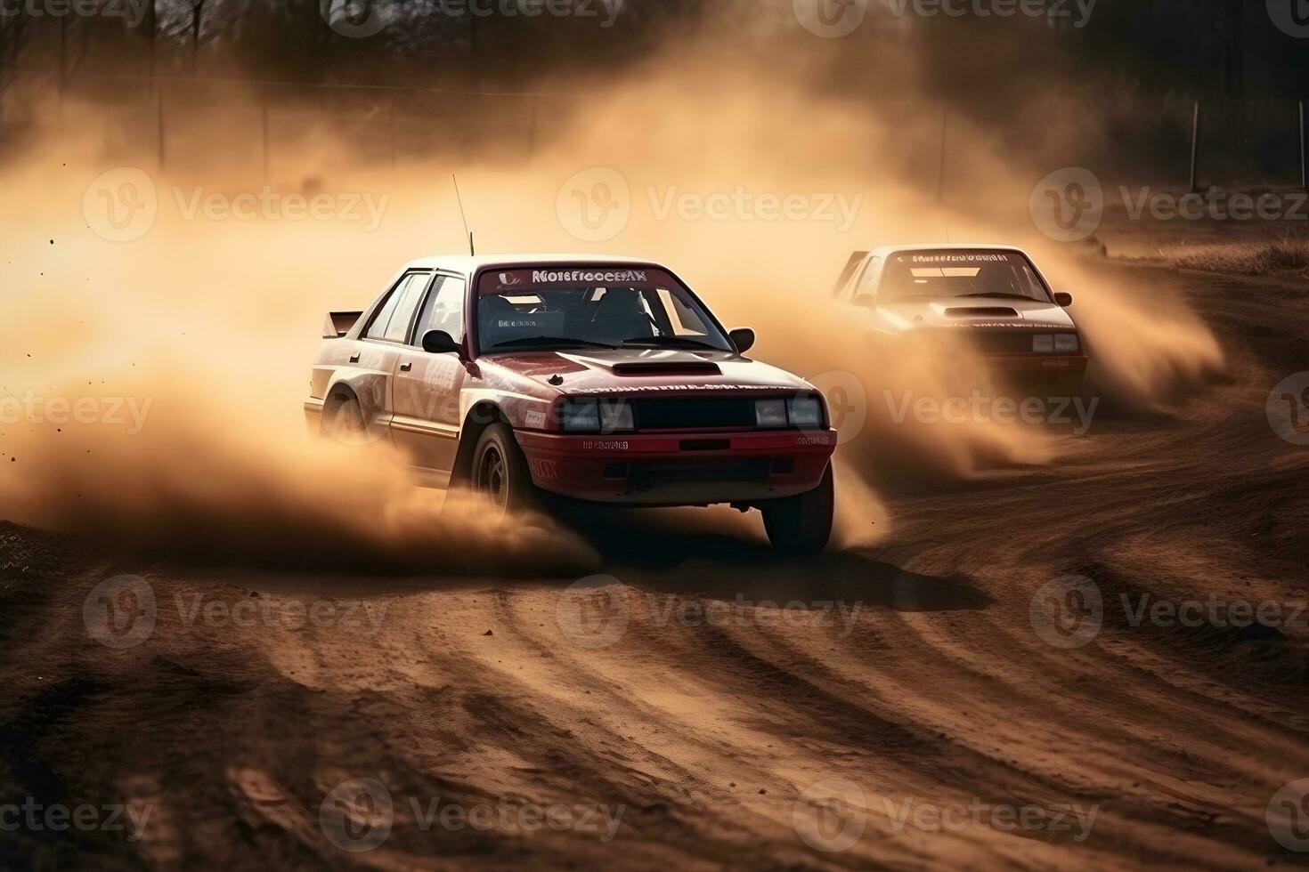 Foto Schwenken Rallye Autos Überholen jeder andere auf das Schmutz Spur ,generativ ai
