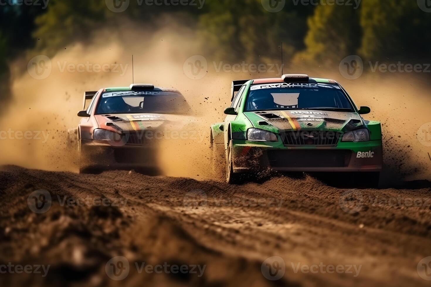 Foto Schwenken Rallye Autos Überholen jeder andere auf das Schmutz Spur ,generativ ai